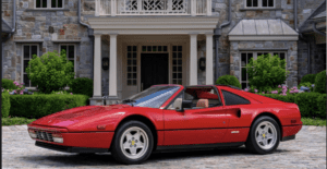 Red sports car parked in front of mansion.