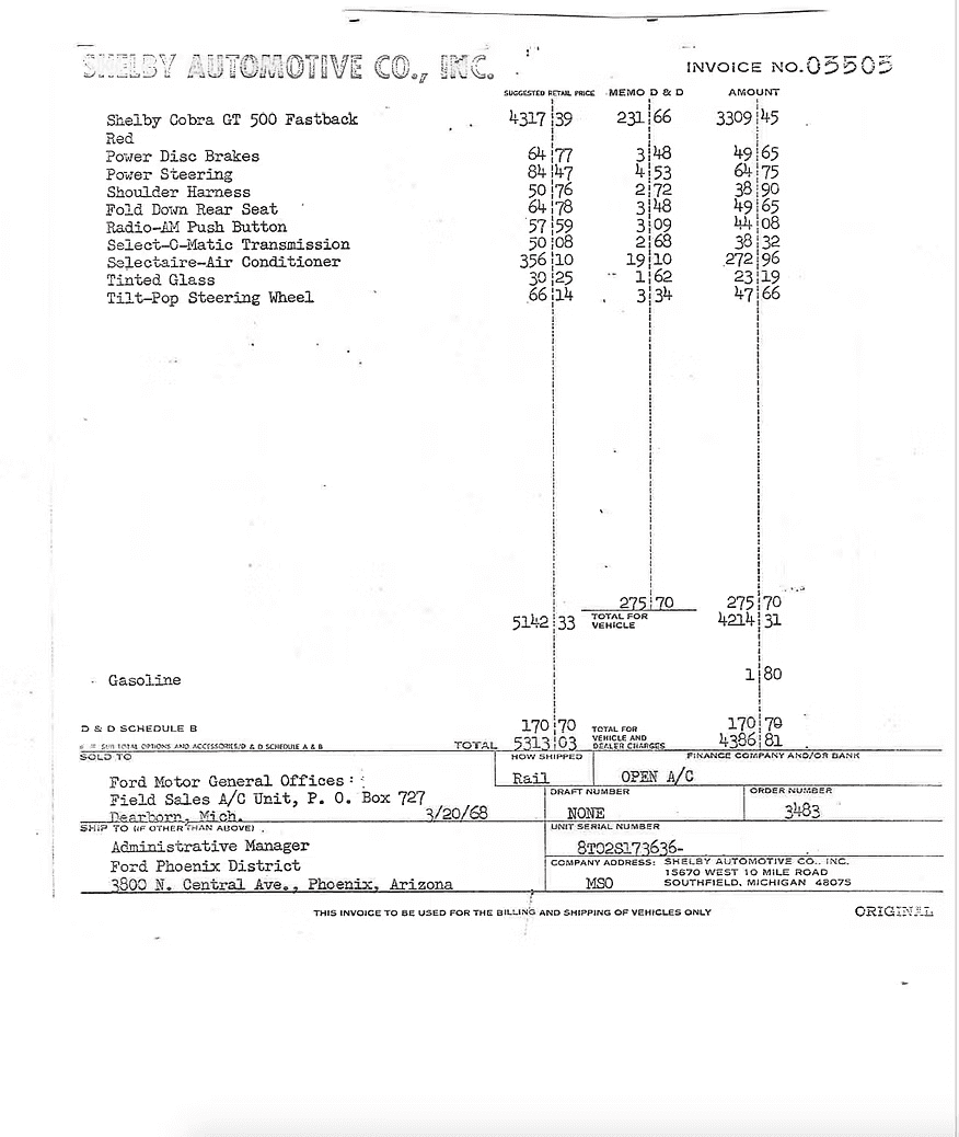 Car parts invoice document