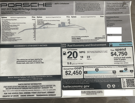Car window sticker with specifications