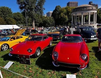Vintage car show with red sports cars
