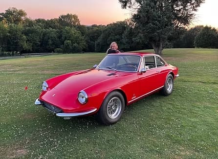 Red classic sports car on grassy field