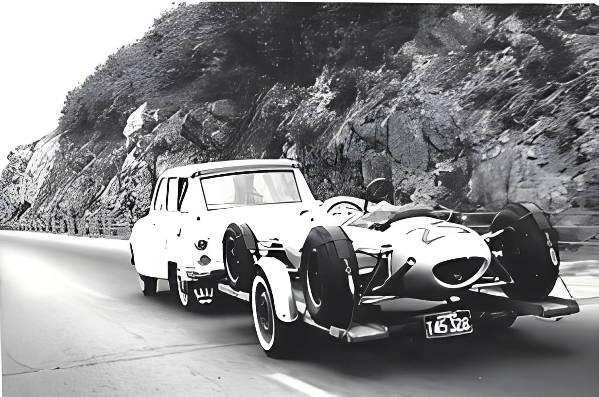 Classic car towing vintage race car
