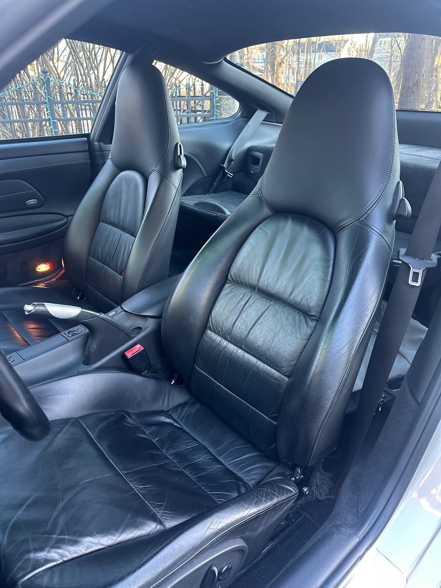 Black leather sports car front seats