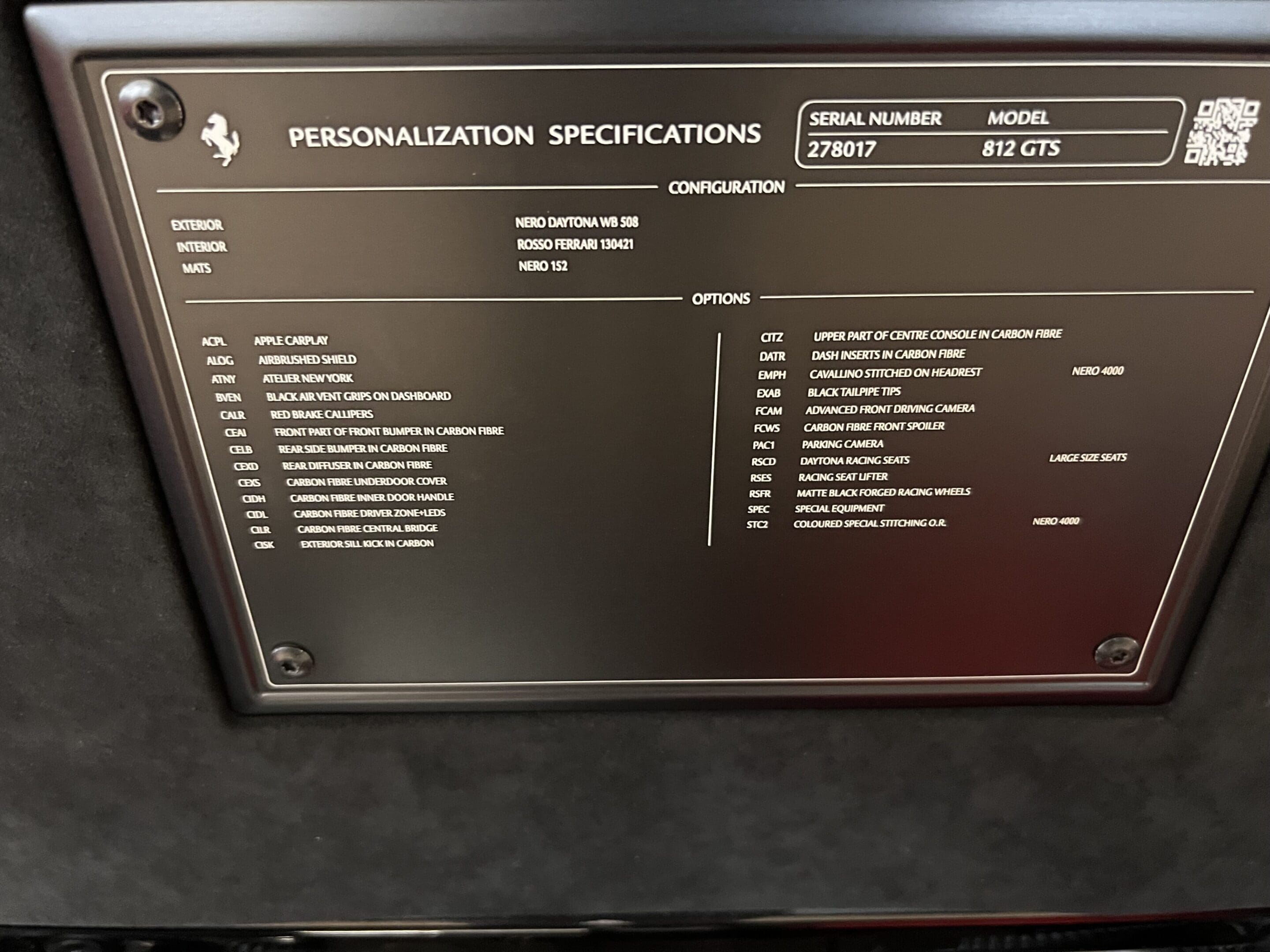 Ferrari 812 GTS personalization specifications metal plaque